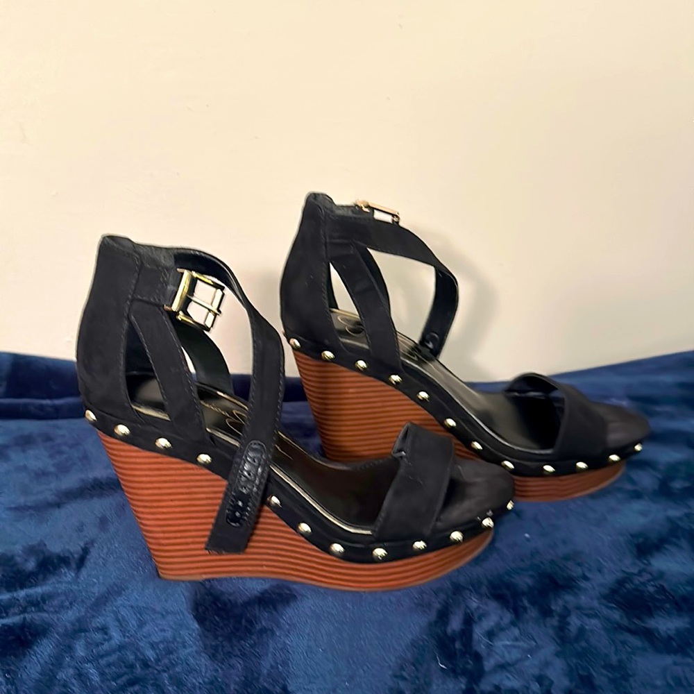 Jessica Simpson black wedge sandals with gold studs